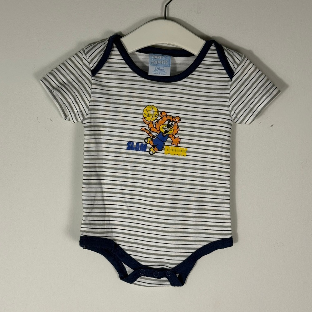 Vintage Mon Petit Baby Boy Slam Dunk Tiger Striped Bodysuit 3-6 Months Blue Grey